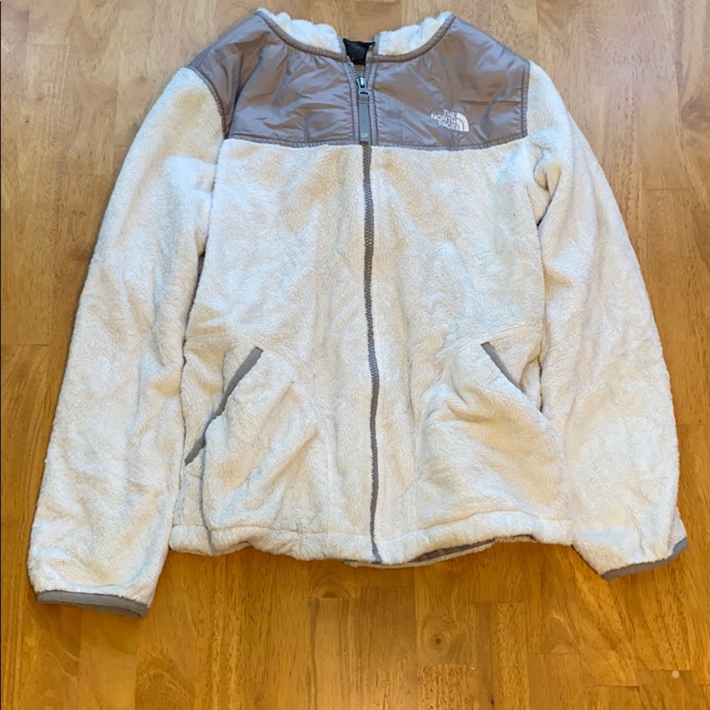 White and grey north face zip up sweatshirt